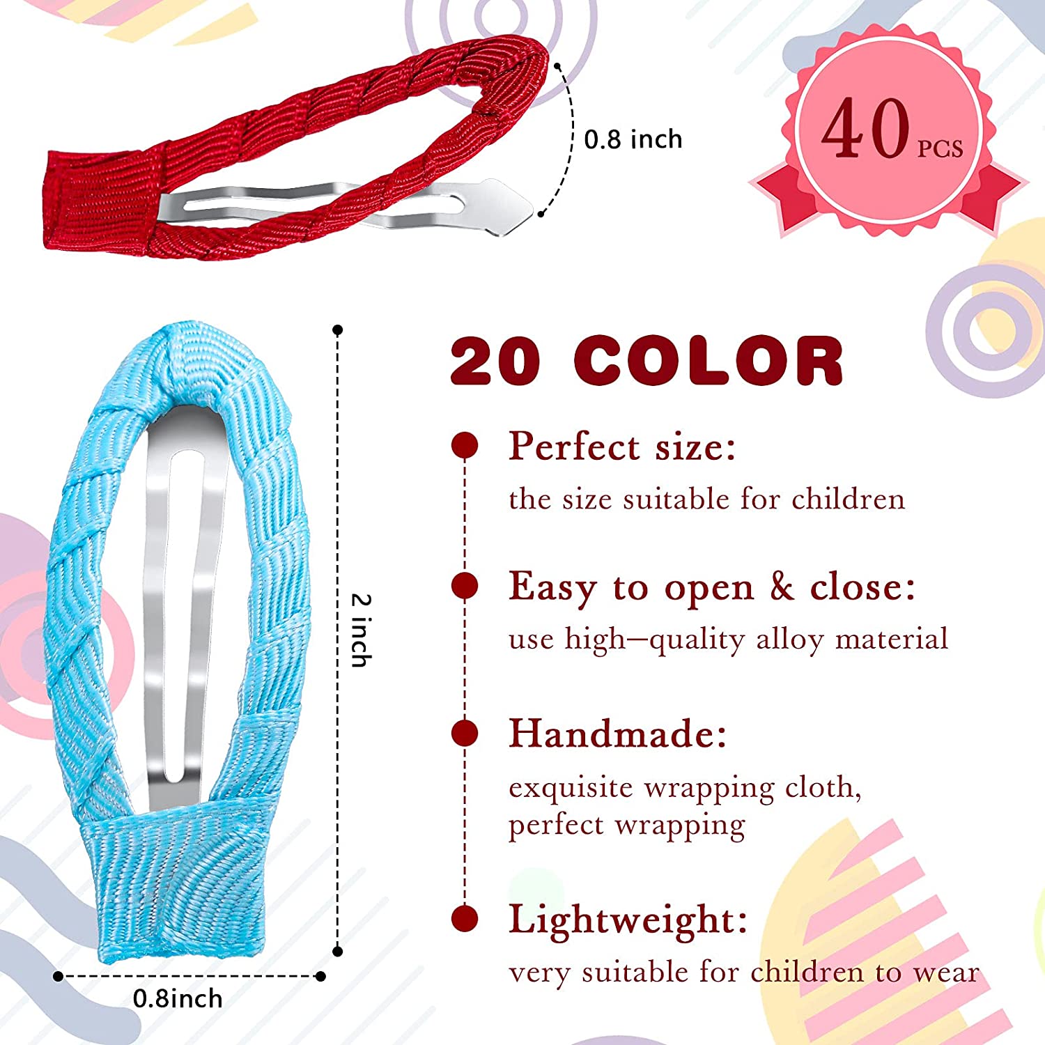 40 Pieces 2 Inch Fabric Hair Clips Neon Snap Hair Clips Girls Hair Clips No Slip Wrapped Hair Barret