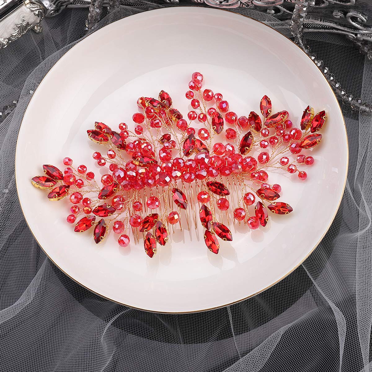 Aimimier Bridal Hair Comb Red Crystal Wedding Comb Ruby Crown with Marquise Wedding Headpiece Brides