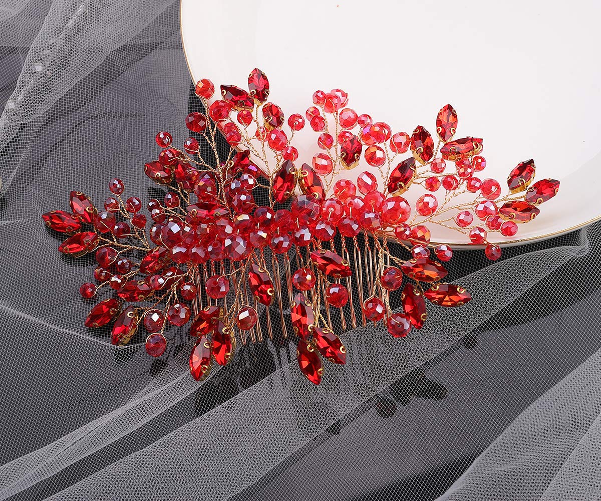 Aimimier Bridal Hair Comb Red Crystal Wedding Comb Ruby Crown with Marquise Wedding Headpiece Brides