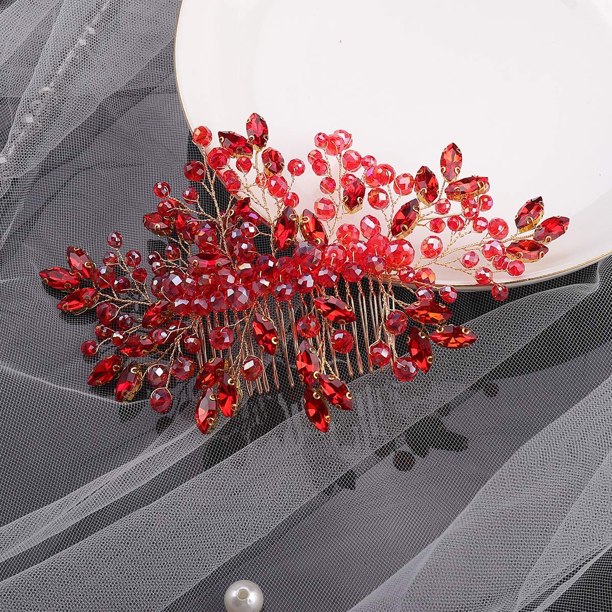 Aimimier Bridal Hair Comb Red Crystal Wedding Comb Ruby Crown with Marquise Wedding Headpiece Brides