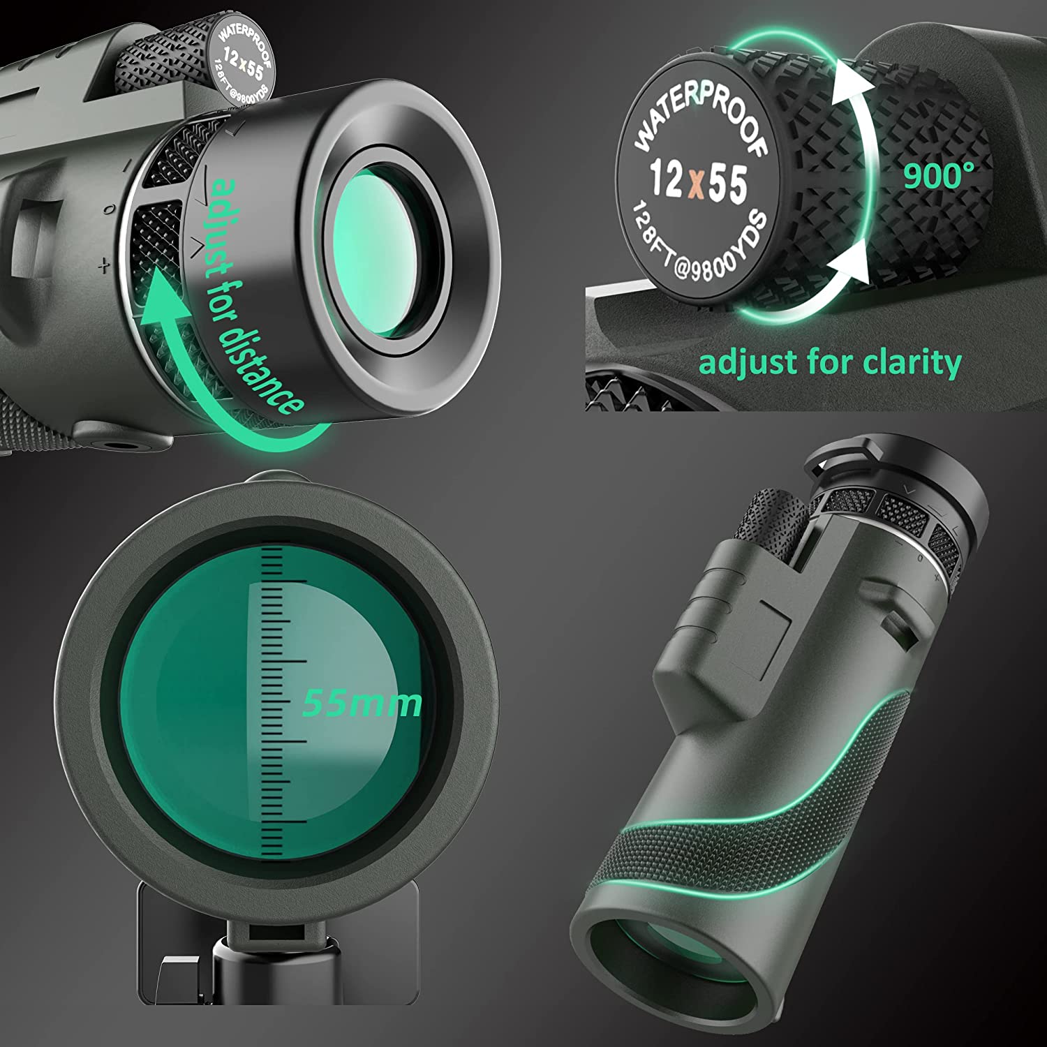 Monocular Telescope, 12x55 Monocular with Upgraded Tripod, Smartphone Adapter, Hand Strap for Adults