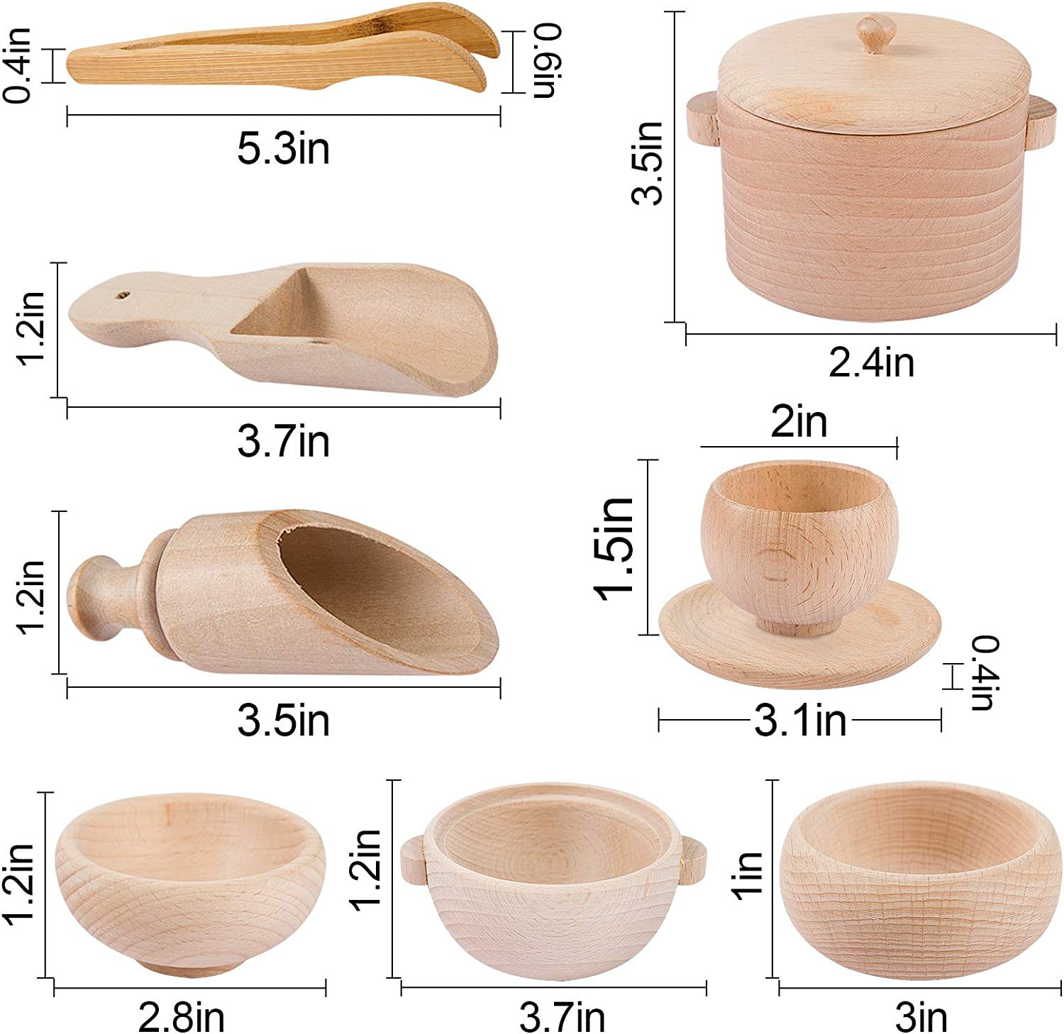 Set of 8 Toddlers Montessori Sensory Bin Tools- Wooden Waldorf Toys Dish Scoops and Tongs Set Educat