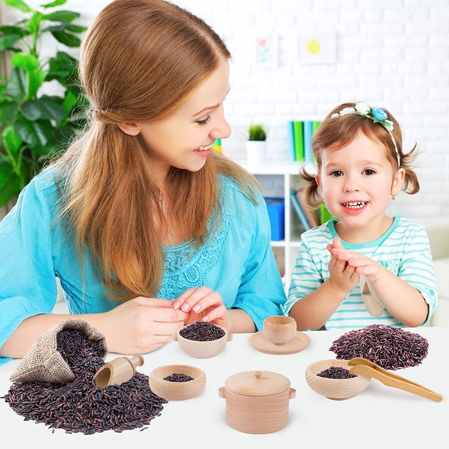 Set of 8 Toddlers Montessori Sensory Bin Tools- Wooden Waldorf Toys Dish Scoops and Tongs Set Educat