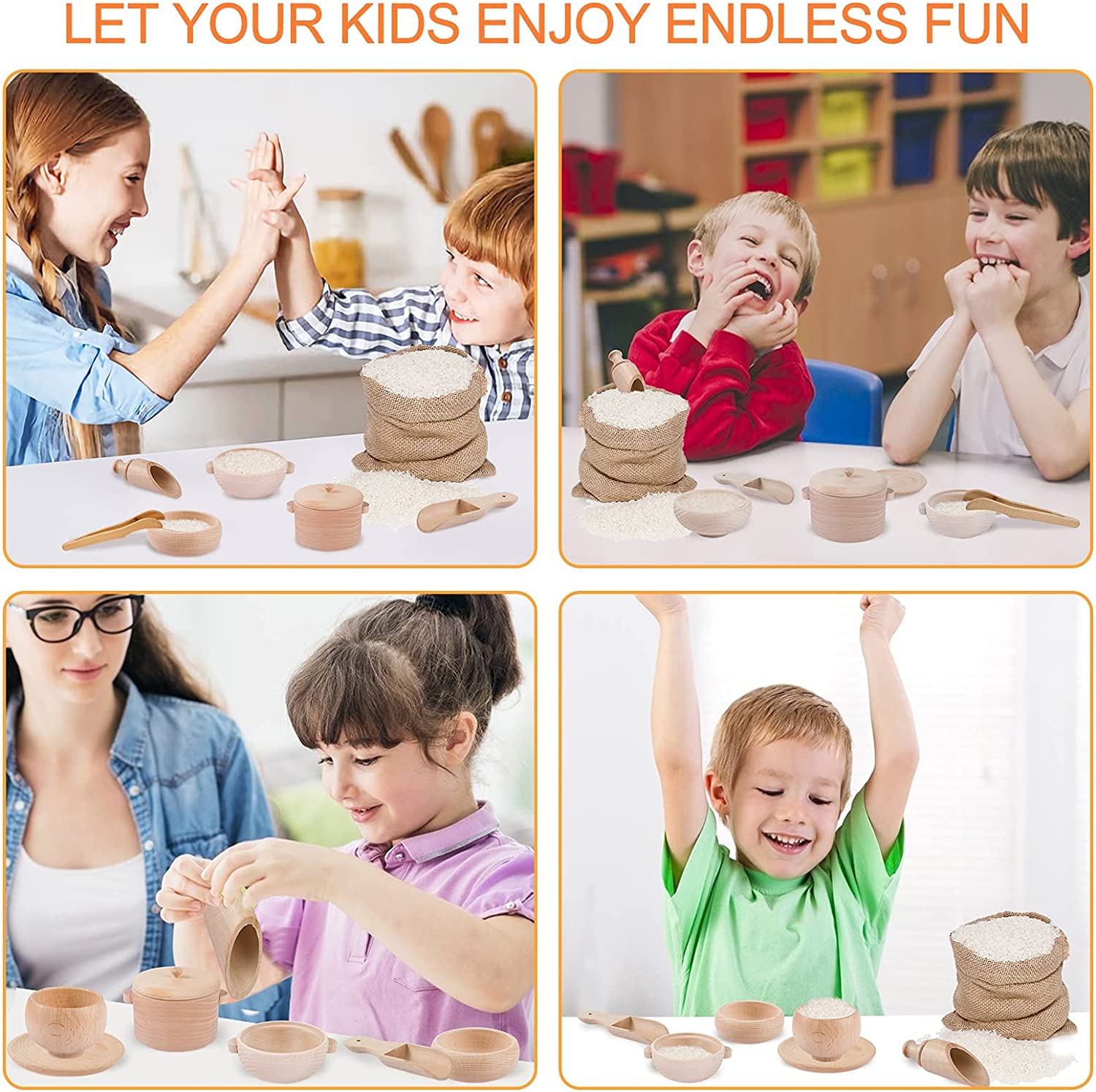 Set of 8 Toddlers Montessori Sensory Bin Tools- Wooden Waldorf Toys Dish Scoops and Tongs Set Educat