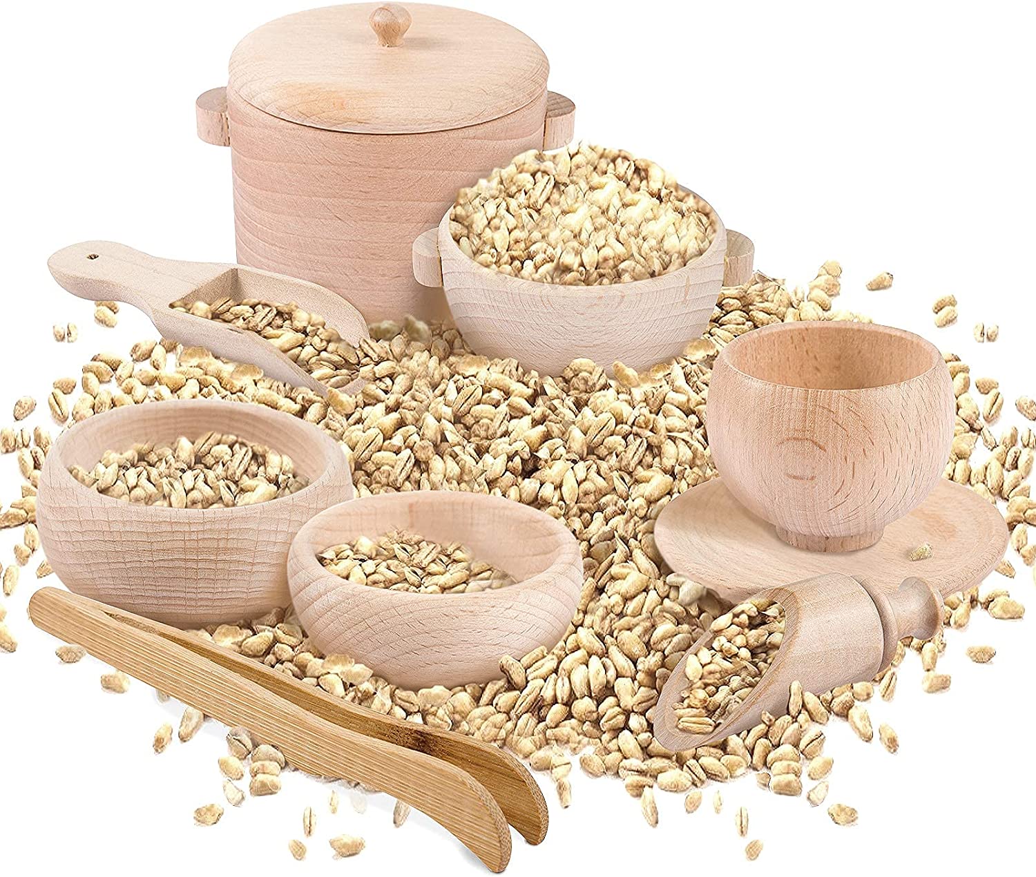 Set of 8 Toddlers Montessori Sensory Bin Tools- Wooden Waldorf Toys Dish Scoops and Tongs Set Educat