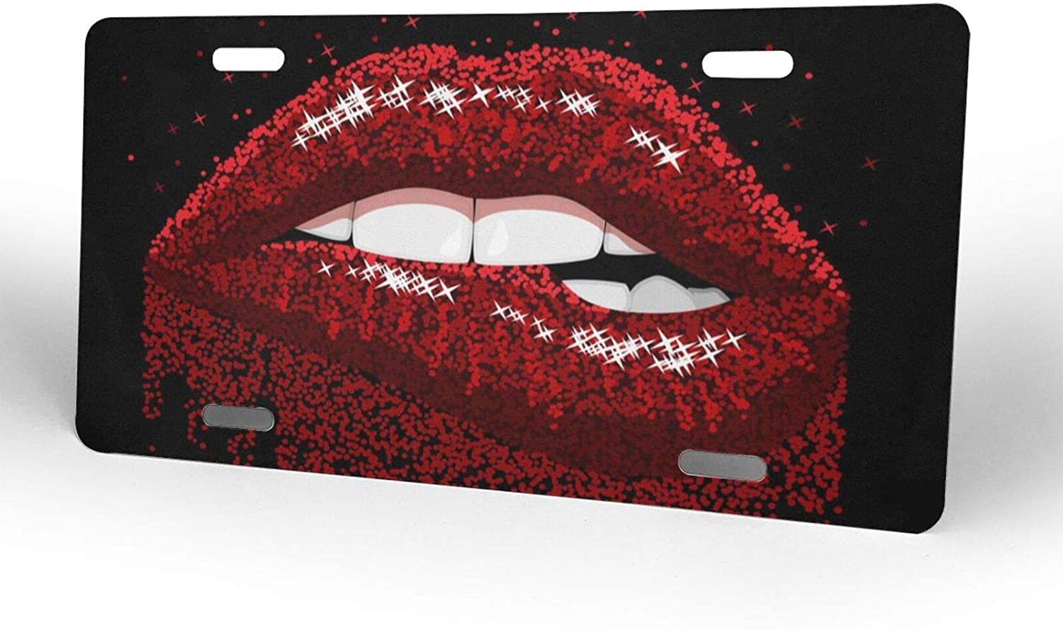 Abstract Red Sparkles Open Mouth with Color Paint Flow Glossy Lips Biting License Plate Frame Alumin