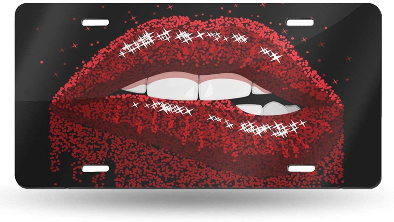Abstract Red Sparkles Open Mouth with Color Paint Flow Glossy Lips Biting License Plate Frame Alumin