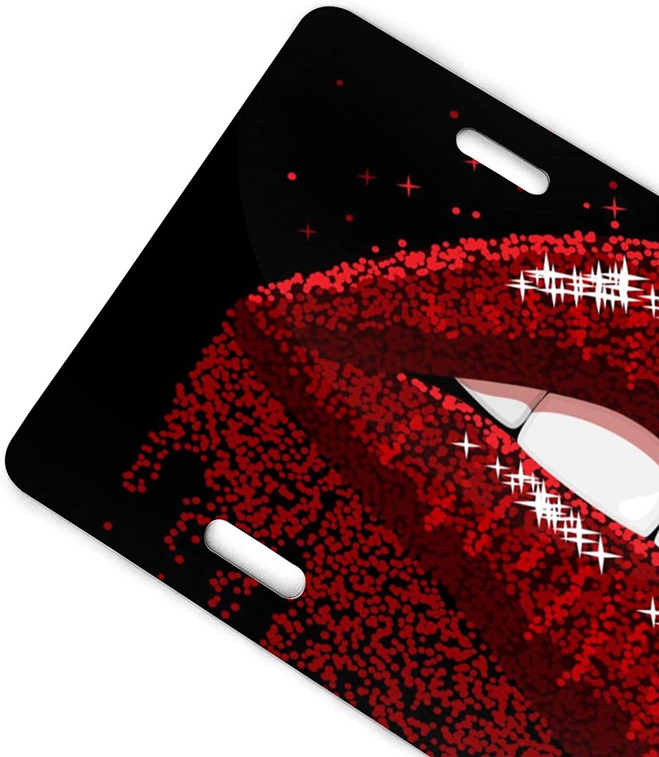 Abstract Red Sparkles Open Mouth with Color Paint Flow Glossy Lips Biting License Plate Frame Alumin