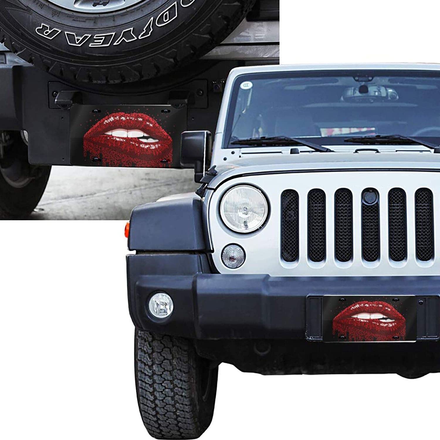 Abstract Red Sparkles Open Mouth with Color Paint Flow Glossy Lips Biting License Plate Frame Alumin