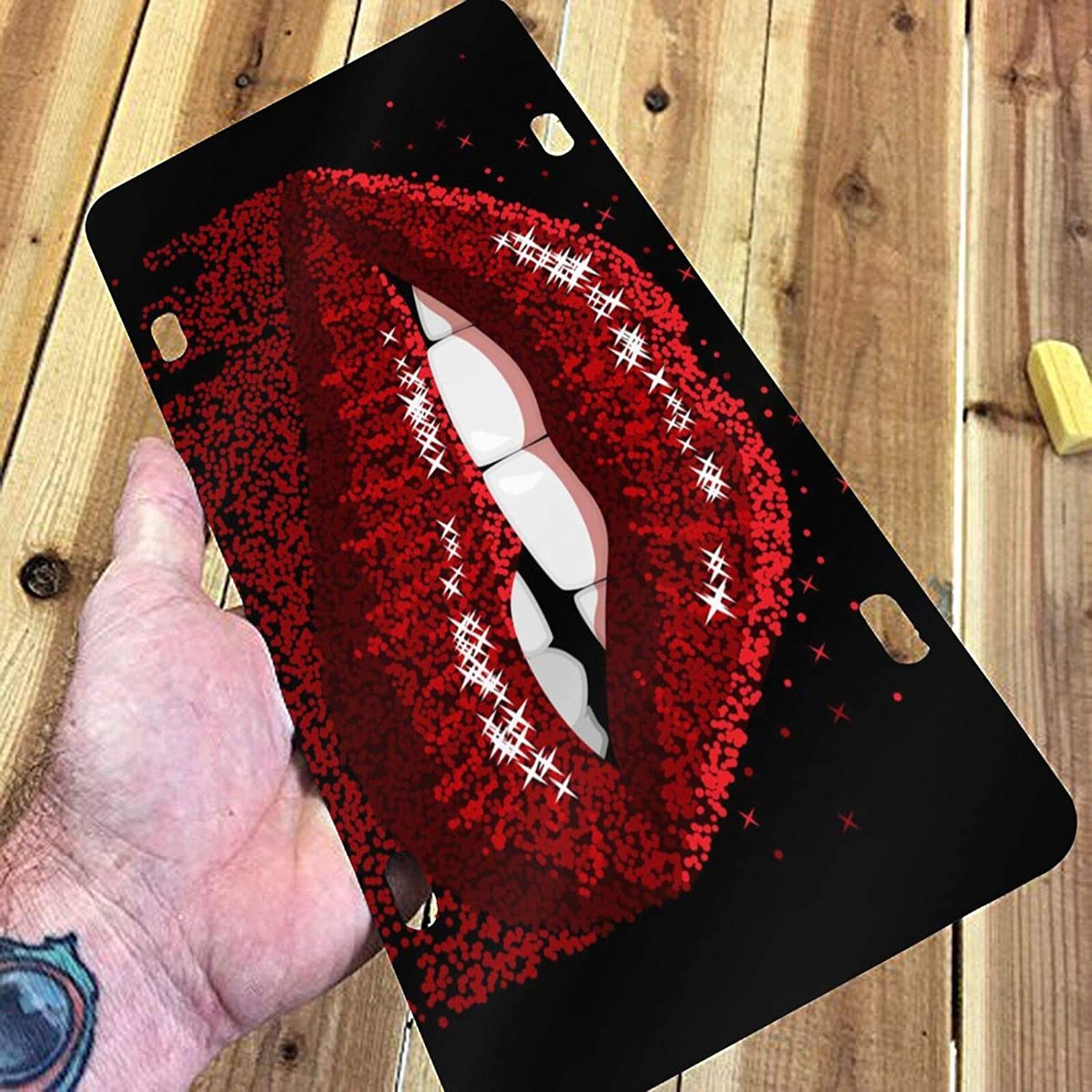 Abstract Red Sparkles Open Mouth with Color Paint Flow Glossy Lips Biting License Plate Frame Alumin