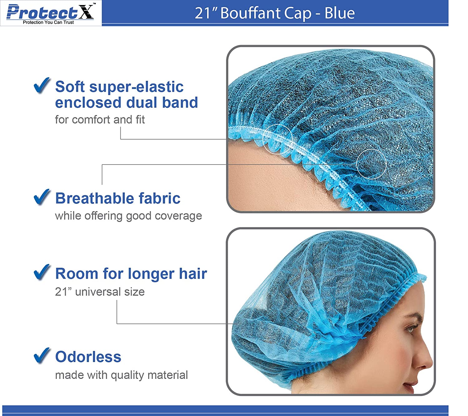 ProtectX Disposable Bouffant (Hair Net) Caps Hair Head Cover Nets 21” (Blue 100 pack)
