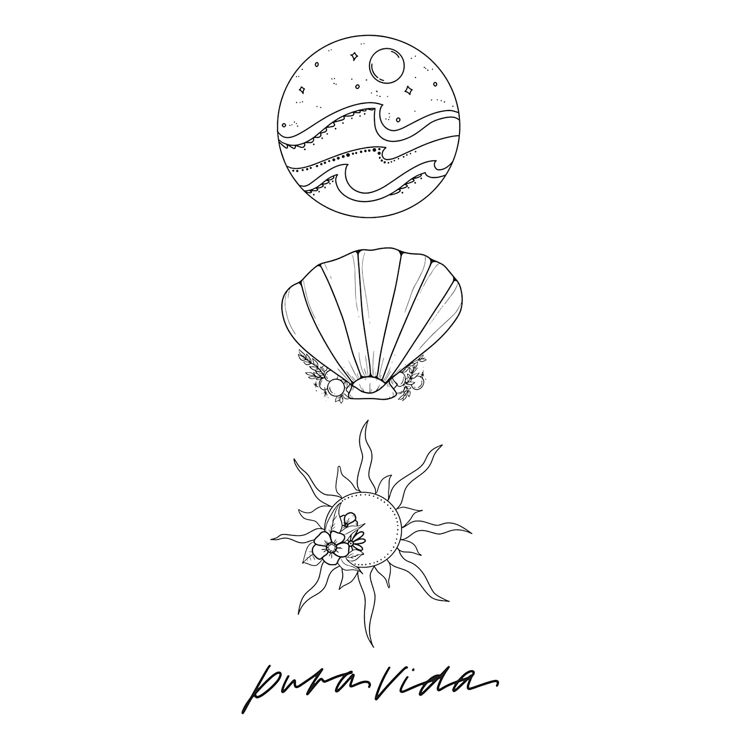 Pura Vida Waves Temporary Tattoo Set - Instructions Included - Pack of 3