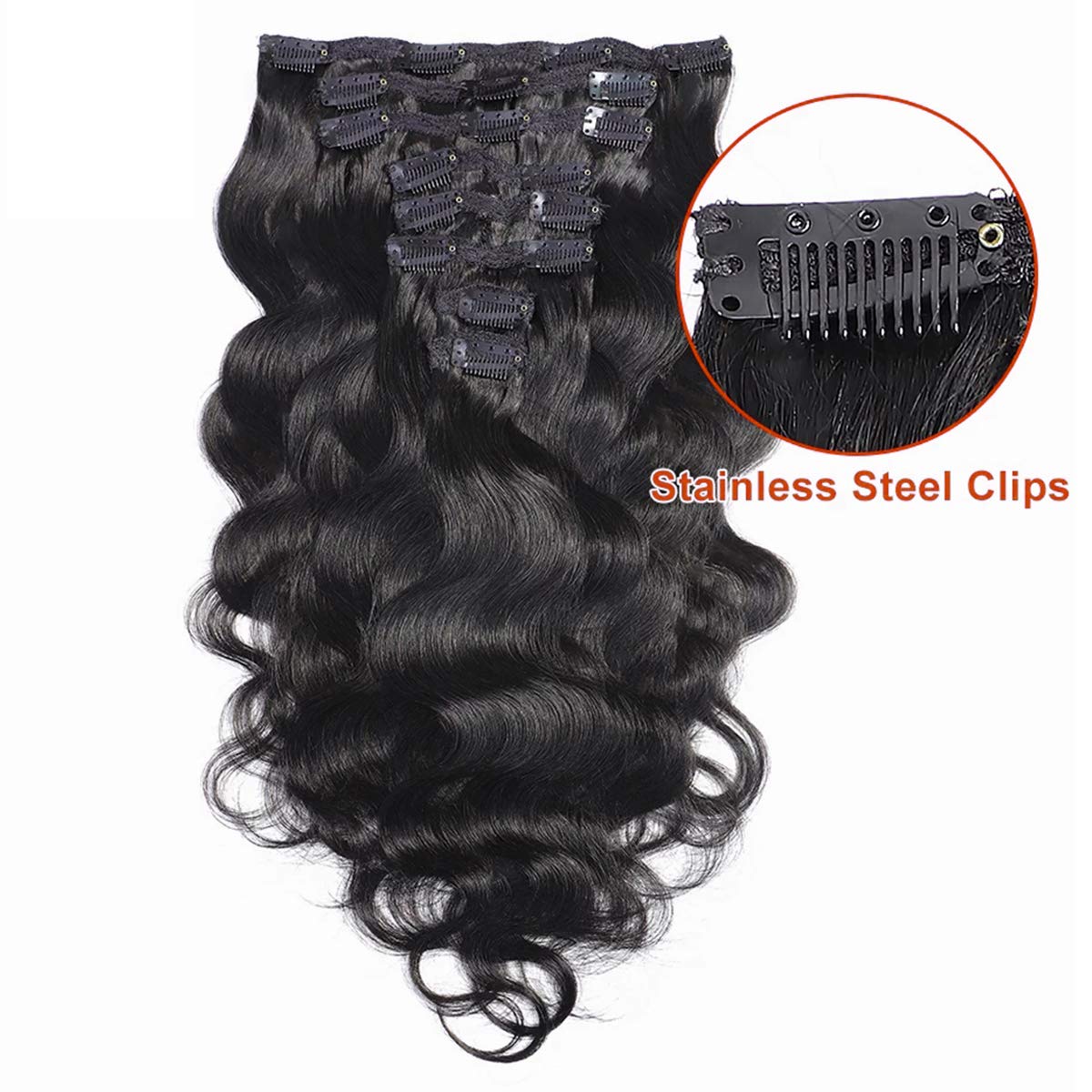 Clip in Hair Extensions #1B Natural 10A Body Wave 100% Unprocessed Virgin Human Hair Cheap 8 Pieces/