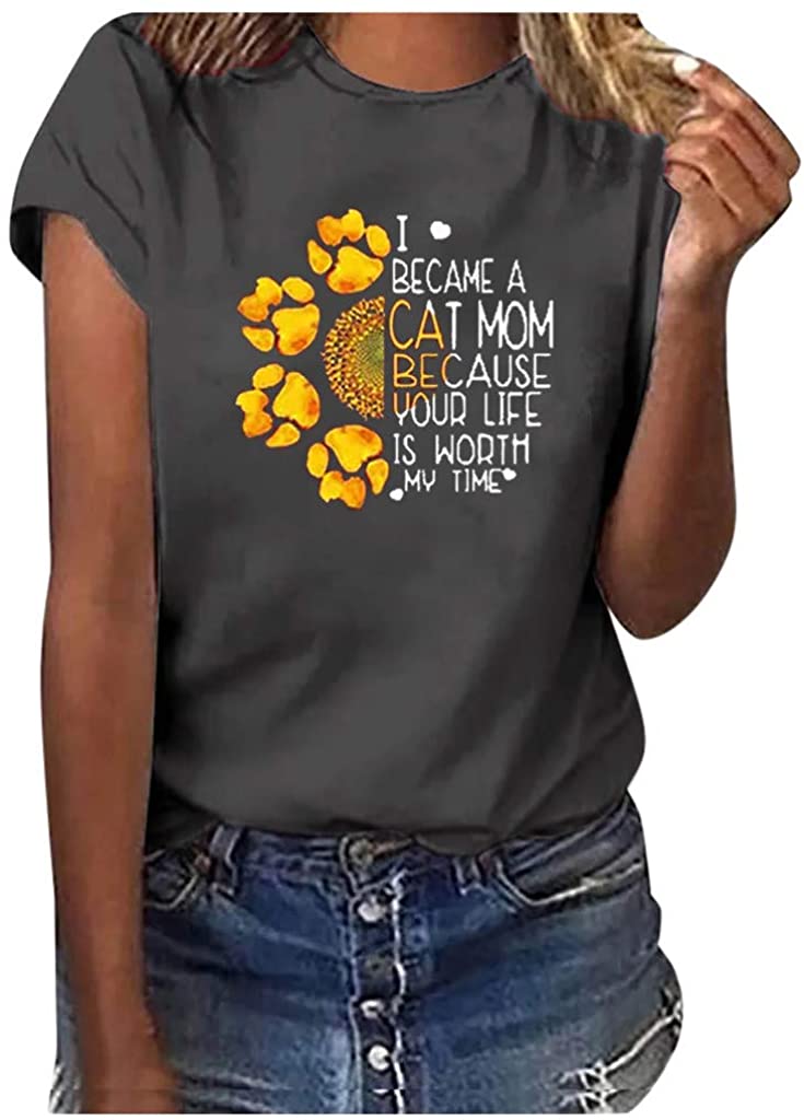 Dosoop Women Sunflower Letter Printed Short Sleeve Shirt Crew Neck Plus Size Casual Tops Graphic Blo