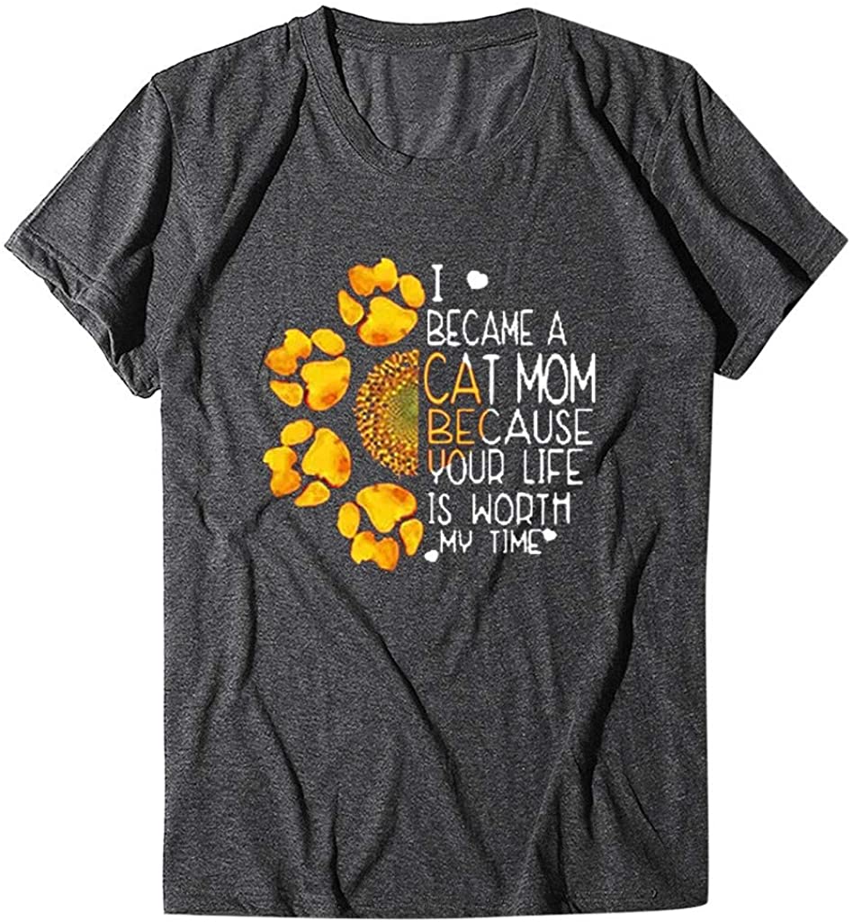 Dosoop Women Sunflower Letter Printed Short Sleeve Shirt Crew Neck Plus Size Casual Tops Graphic Blo