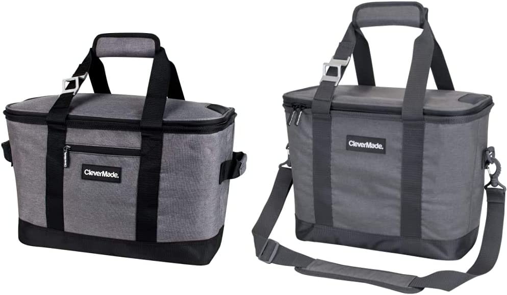 CleverMade Collapsible Cooler Bag, Heather Grey/Black & Collapsible Cooler Bag with Shoulder Strap: 