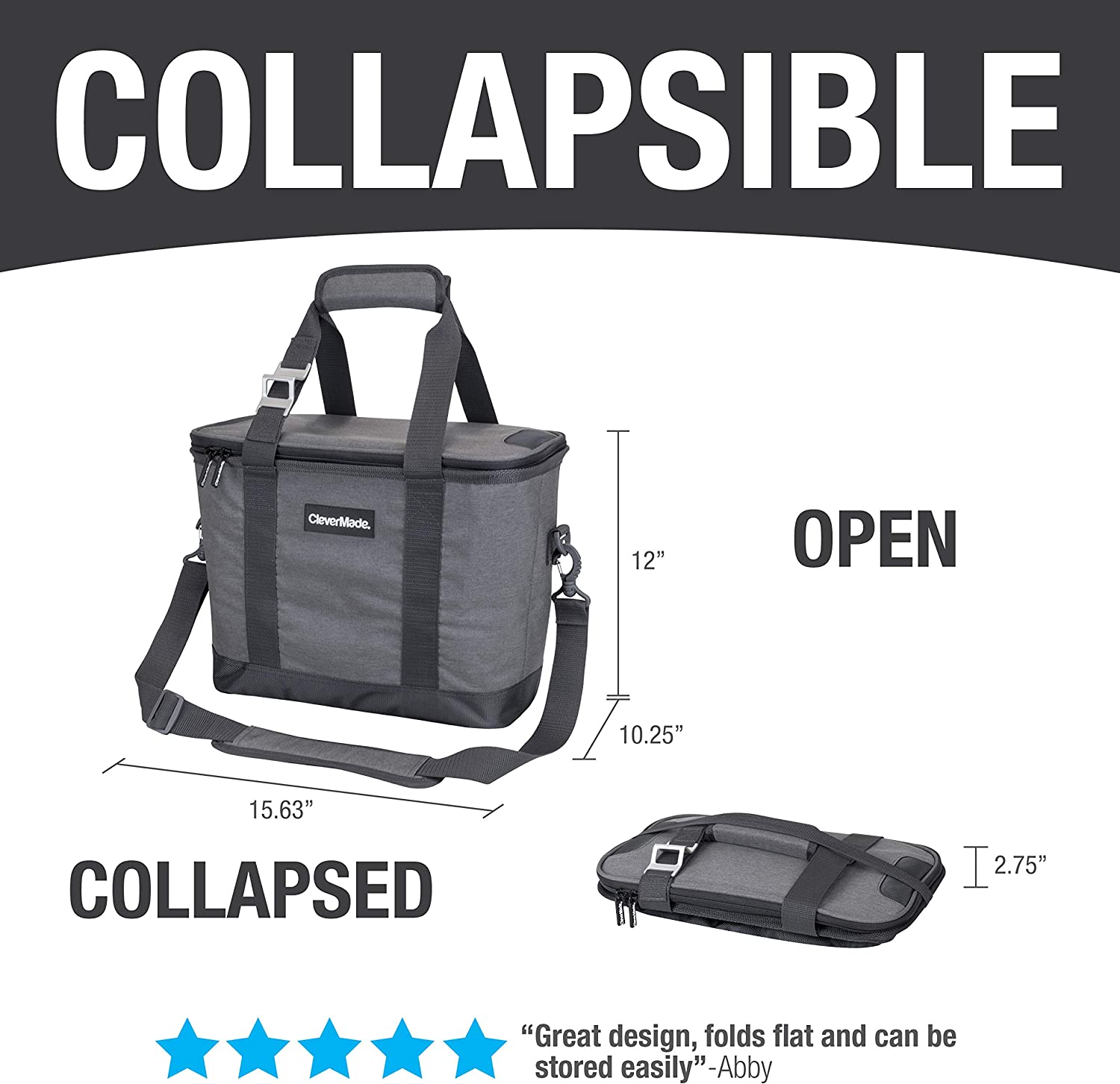CleverMade Collapsible Cooler Bag, Heather Grey/Black & Collapsible Cooler Bag with Shoulder Strap: 