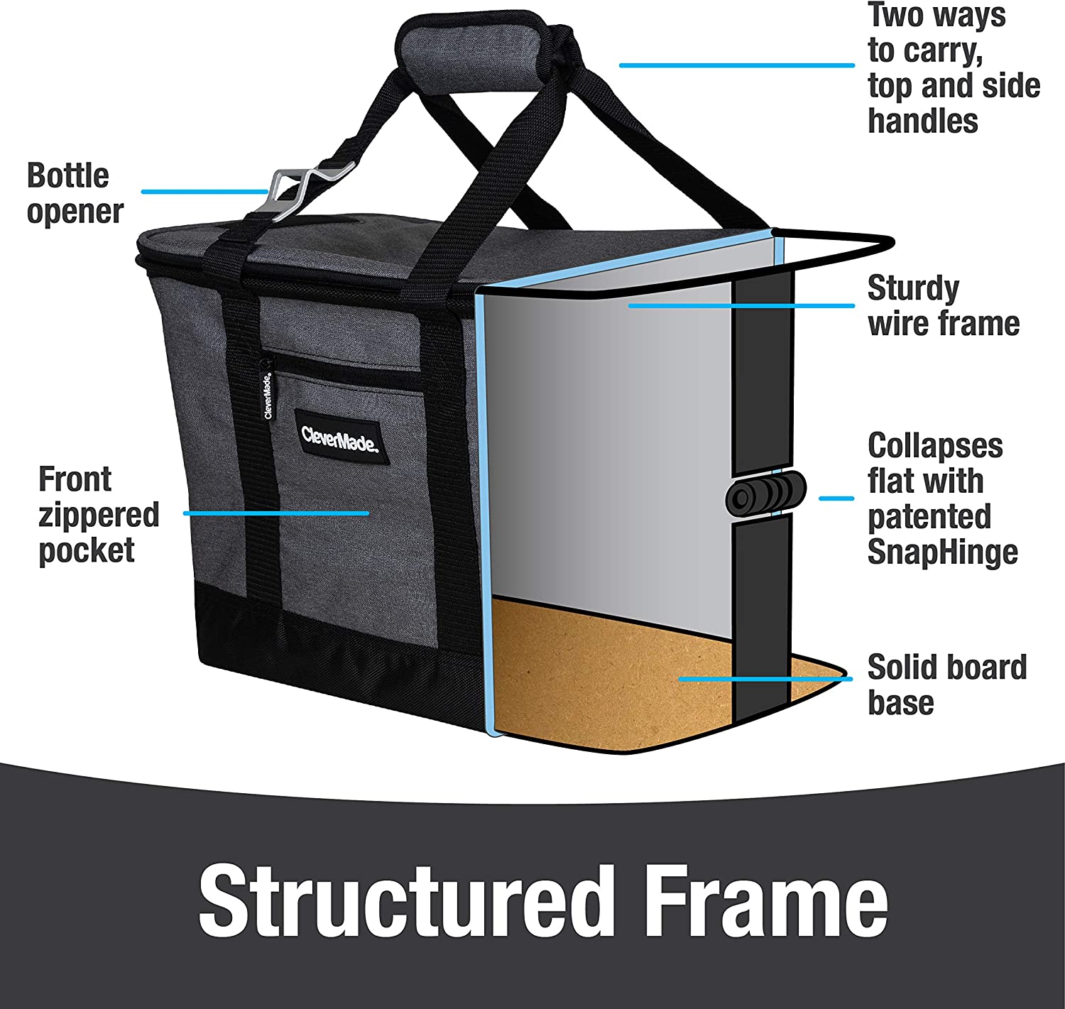 CleverMade Collapsible Cooler Bag, Heather Grey/Black & Collapsible Cooler Bag with Shoulder Strap: 