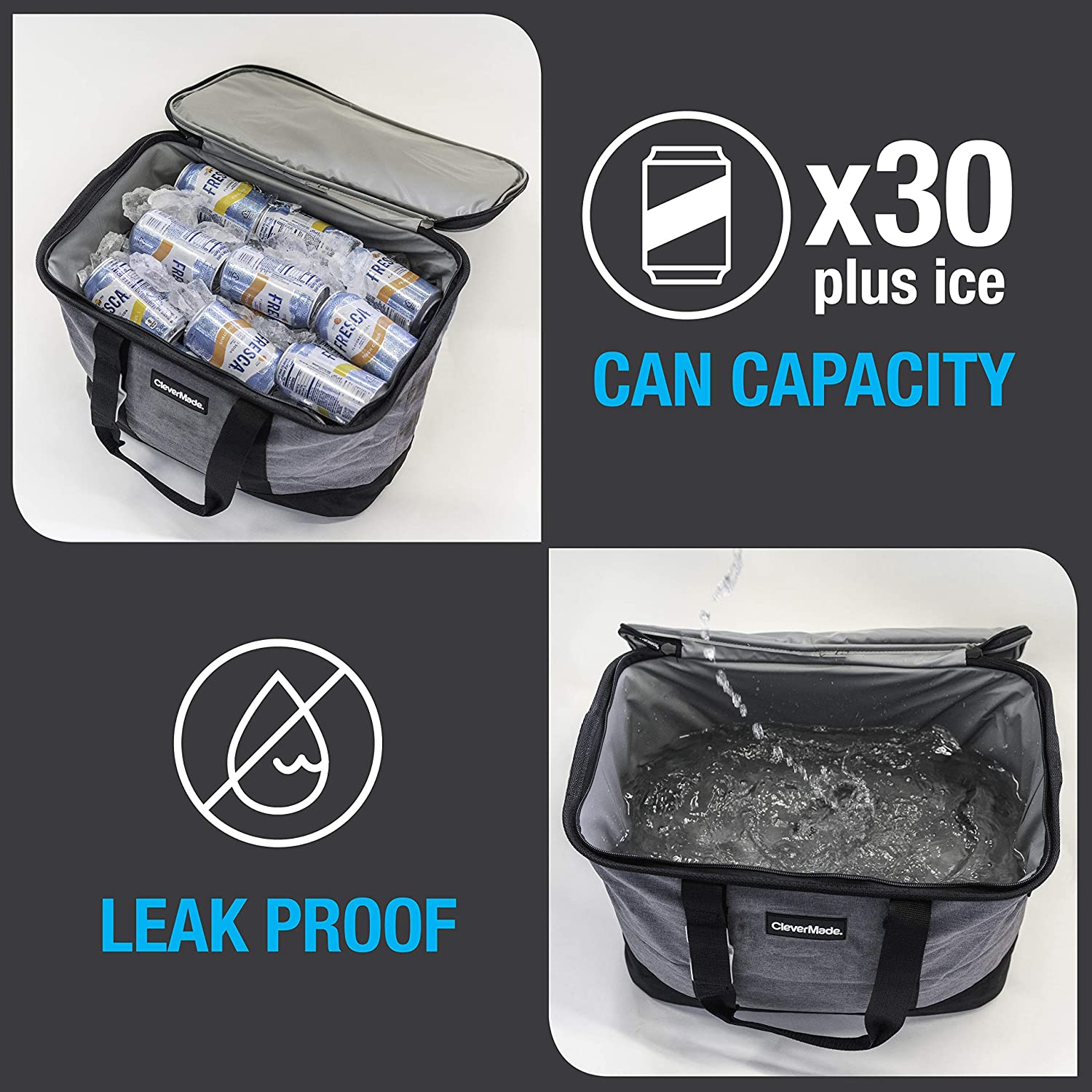 CleverMade Collapsible Cooler Bag, Heather Grey/Black & Collapsible Cooler Bag with Shoulder Strap: 