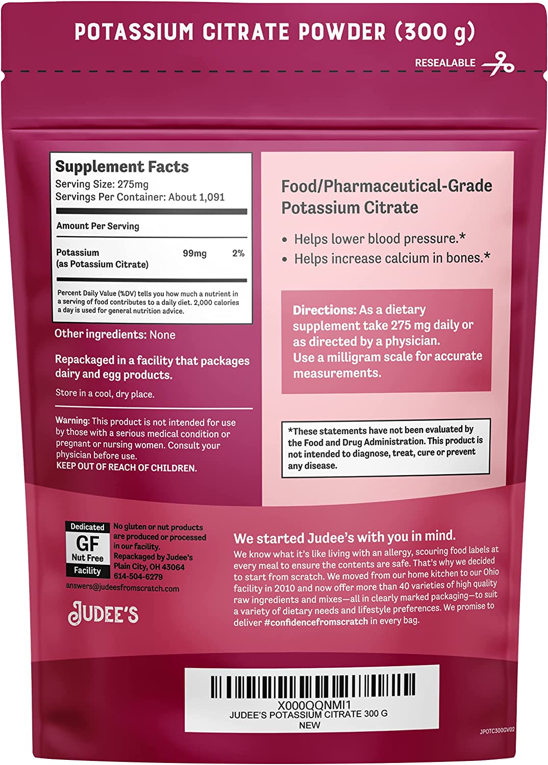 Judee’s Potassium Citrate Powder 10.58 oz (300 Grams) - Gluten-Free and Nut-Free - 100% Food Grade
