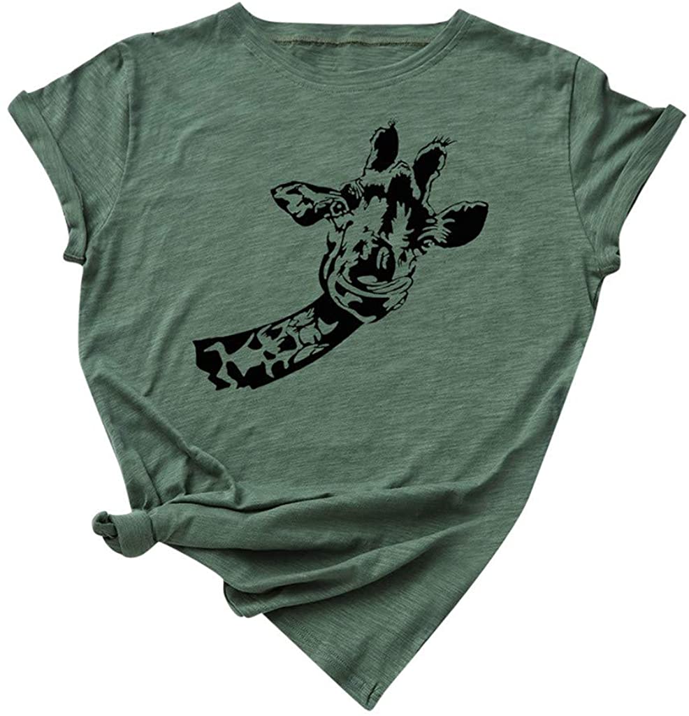 Dosoop Women Summer Crewneck T-Shirt Tops Cute Giraffe Print Casual Loose Short Sleeve Tees Shirt Tu