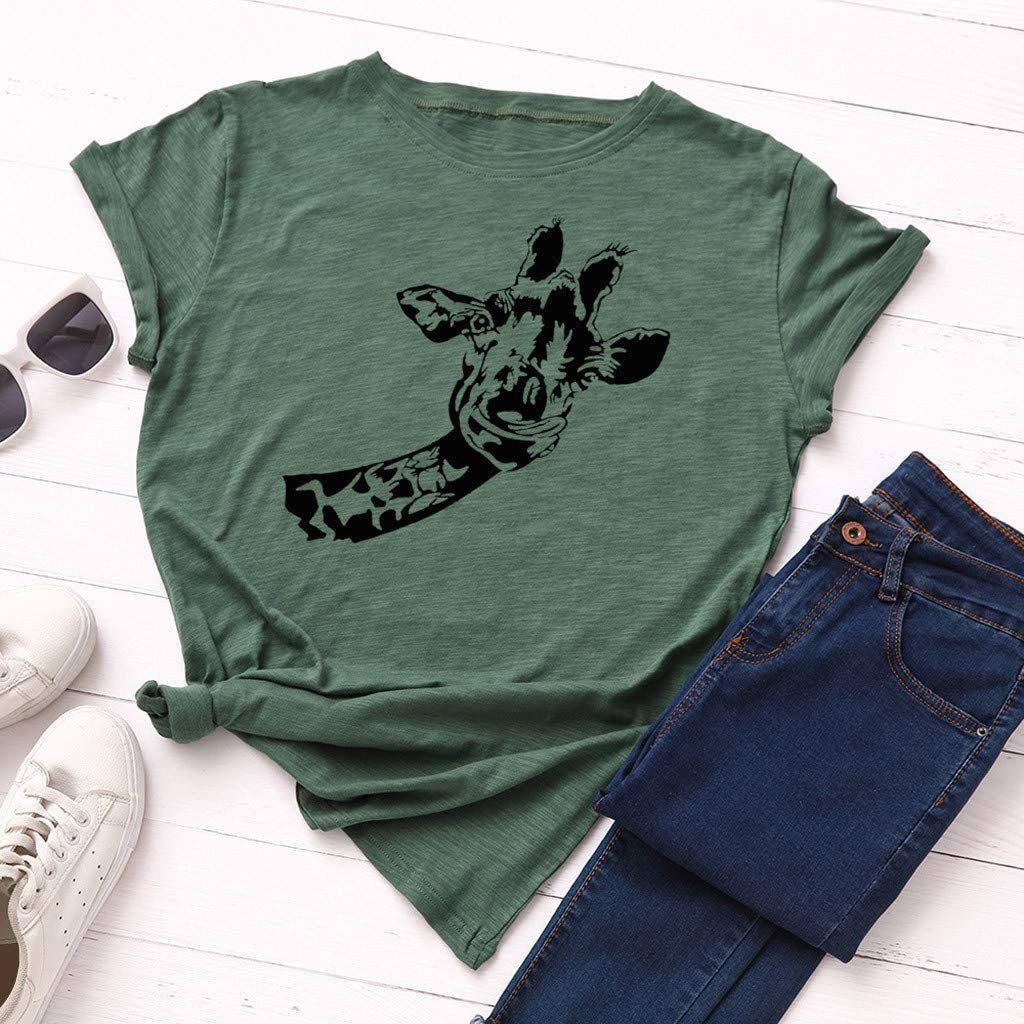Dosoop Women Summer Crewneck T-Shirt Tops Cute Giraffe Print Casual Loose Short Sleeve Tees Shirt Tu