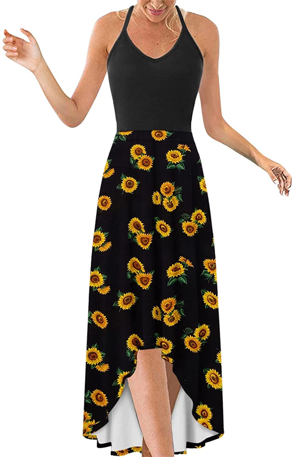 WYTong Women Sexy V-Neck Elegant Party Dress Irregular Hem Prints Long Party Dress Spaghetti Strap D