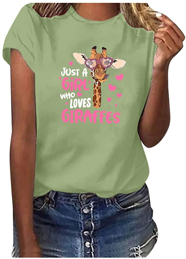 Dosoop Women Just A Girl Who Loves Giraffes T-Shirt Letter Print Crewneck Short Sleeve Plus Size Cas