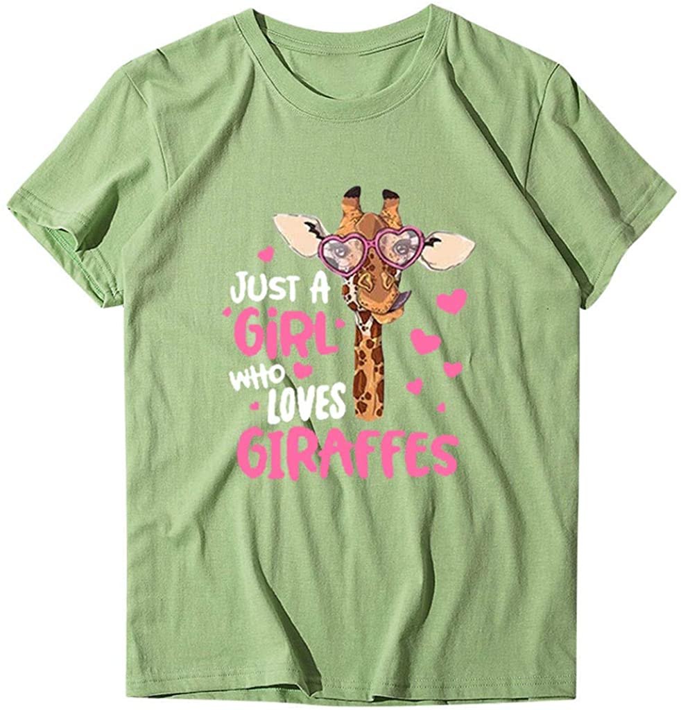 Dosoop Women Just A Girl Who Loves Giraffes T-Shirt Letter Print Crewneck Short Sleeve Plus Size Cas