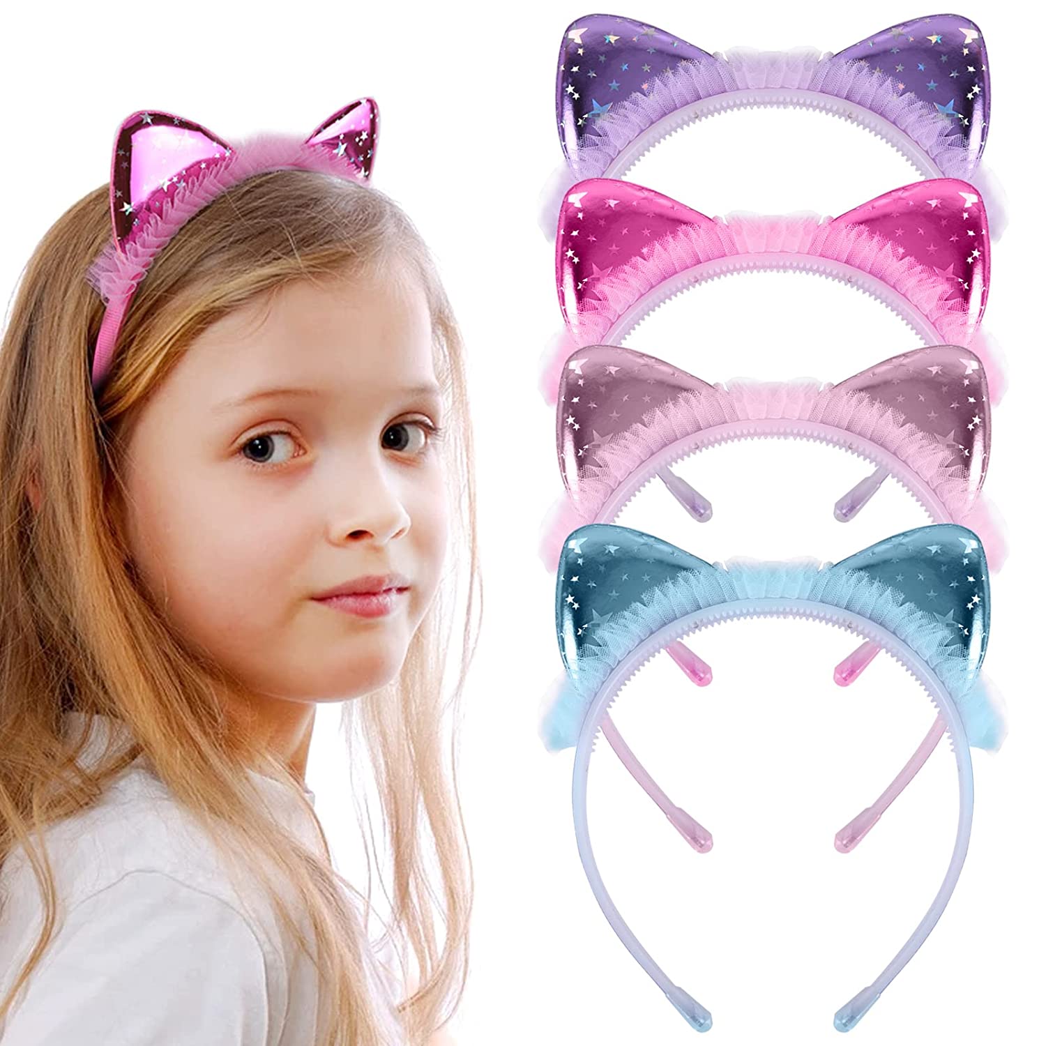 ZIRICHER Stars Cat Ears Headband, 4PCS Cat Headband For Girls Lace Cute Toddler Cat Ears For Christm
