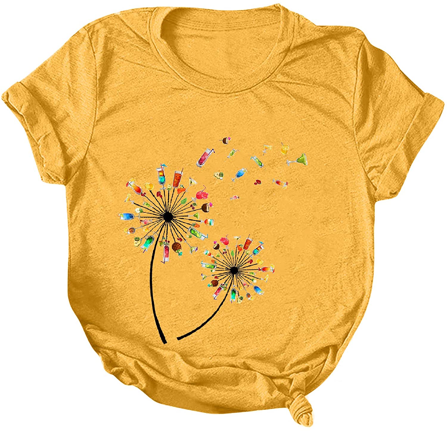 Dosoop Womens Short Sleeve Tops T-Shirts Casual Loose Fit Dandelion Print Graphic O-Neck Tees Shirts