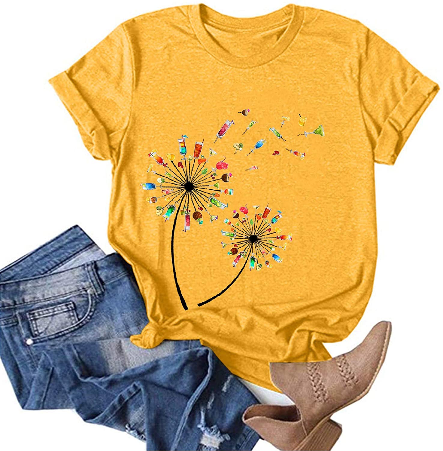 Dosoop Womens Short Sleeve Tops T-Shirts Casual Loose Fit Dandelion Print Graphic O-Neck Tees Shirts