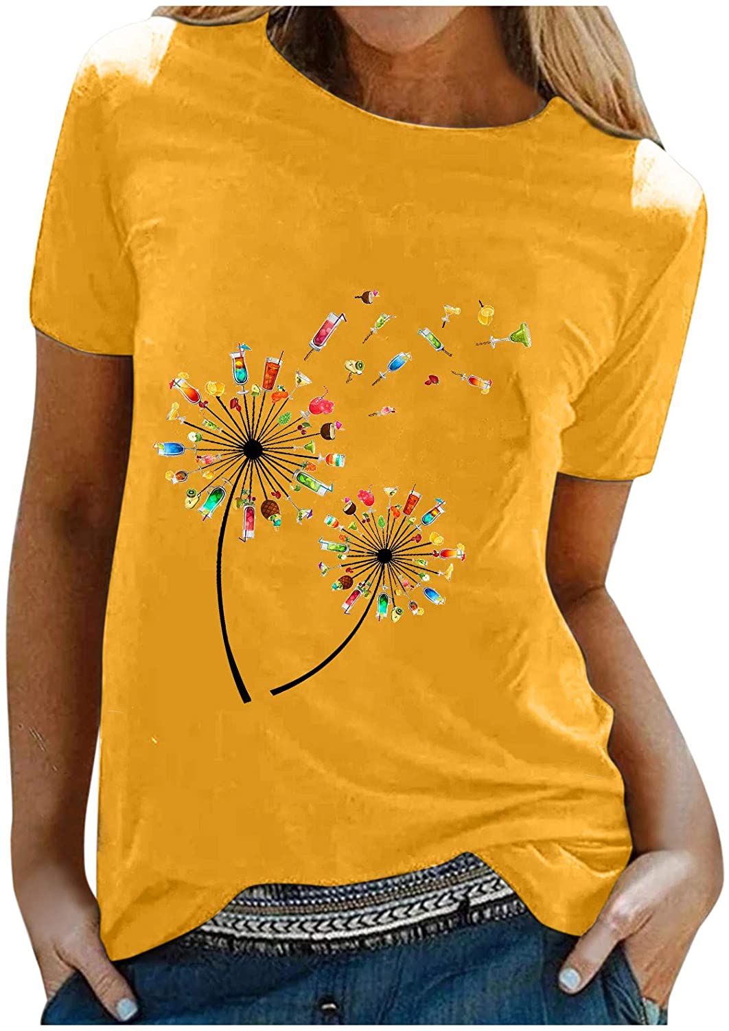 Dosoop Womens Short Sleeve Tops T-Shirts Casual Loose Fit Dandelion Print Graphic O-Neck Tees Shirts