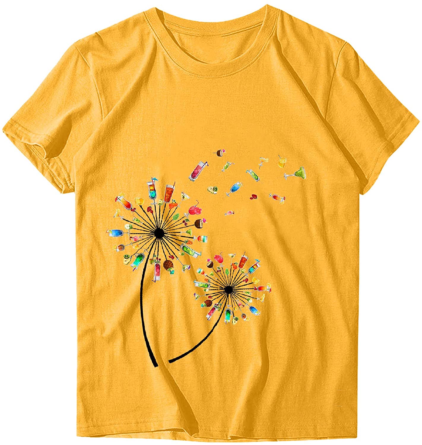 Dosoop Womens Short Sleeve Tops T-Shirts Casual Loose Fit Dandelion Print Graphic O-Neck Tees Shirts