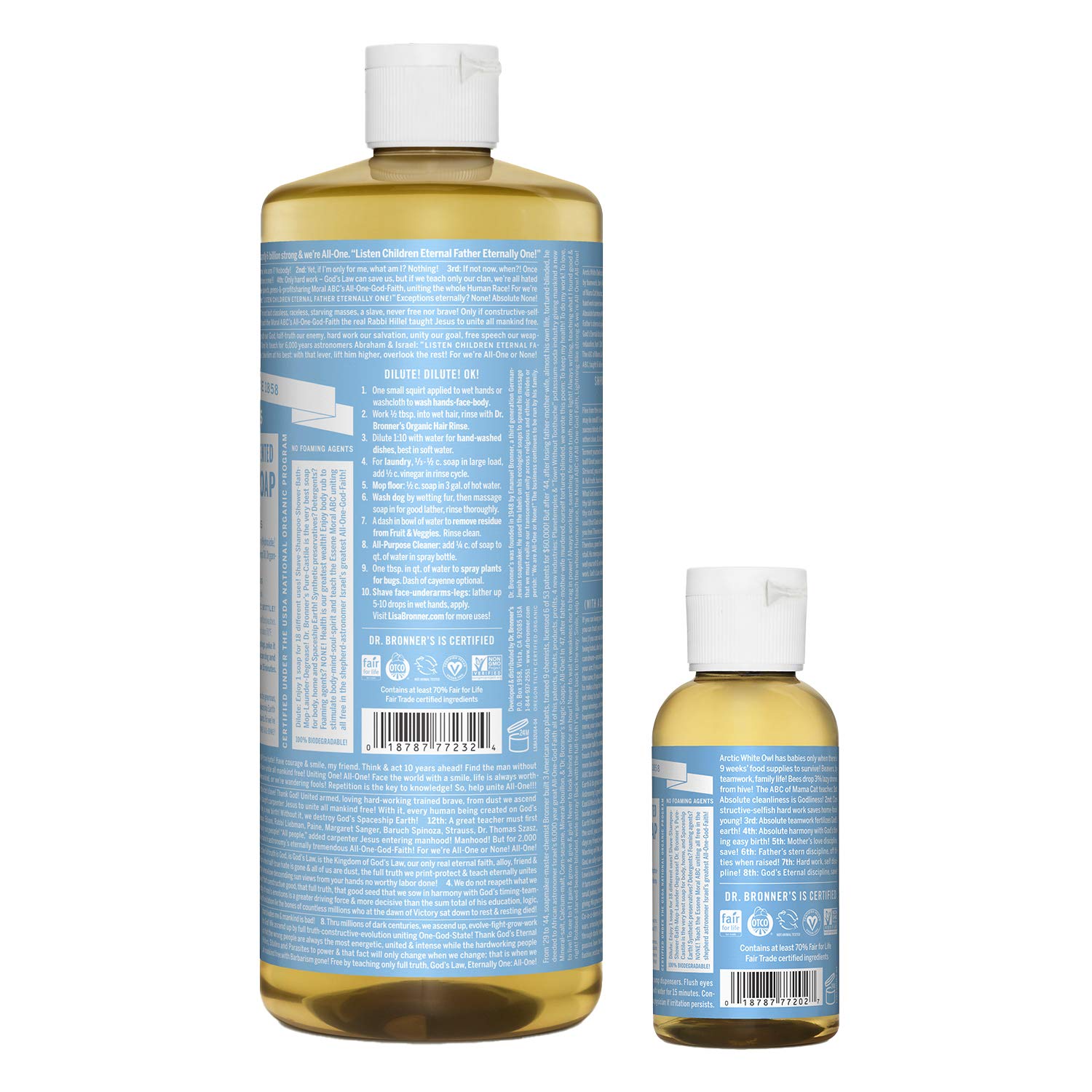 Dr. Bronner’s Pure-Castile Liquid Soap – Baby Unscented Bundle. 32 oz. Bottle and 2 oz. Travel B