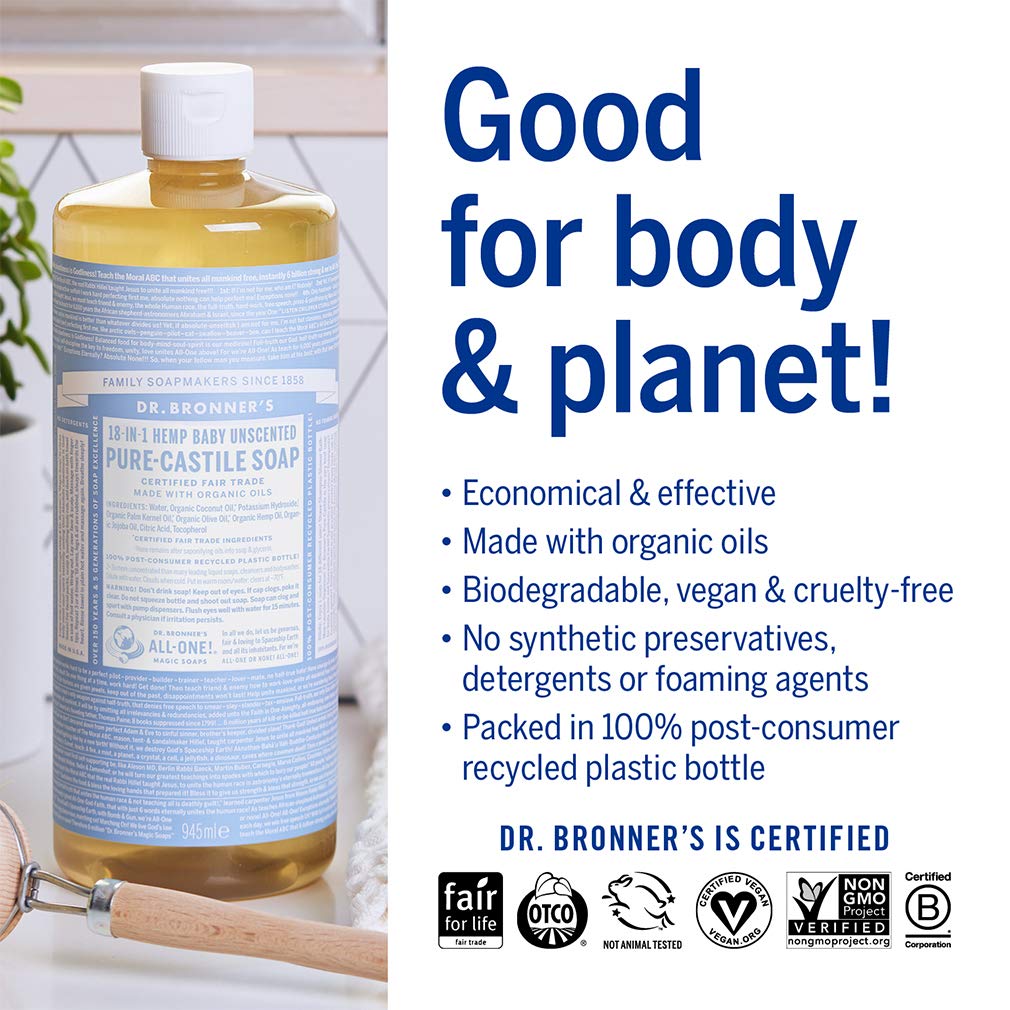 Dr. Bronner’s Pure-Castile Liquid Soap – Baby Unscented Bundle. 32 oz. Bottle and 2 oz. Travel B