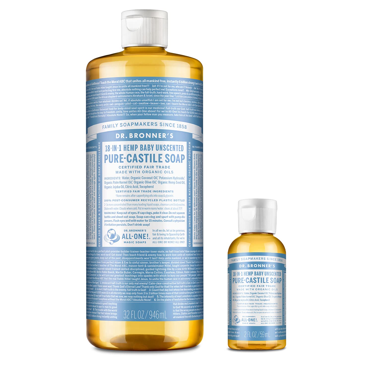 Dr. Bronner’s Pure-Castile Liquid Soap – Baby Unscented Bundle. 32 oz. Bottle and 2 oz. Travel B