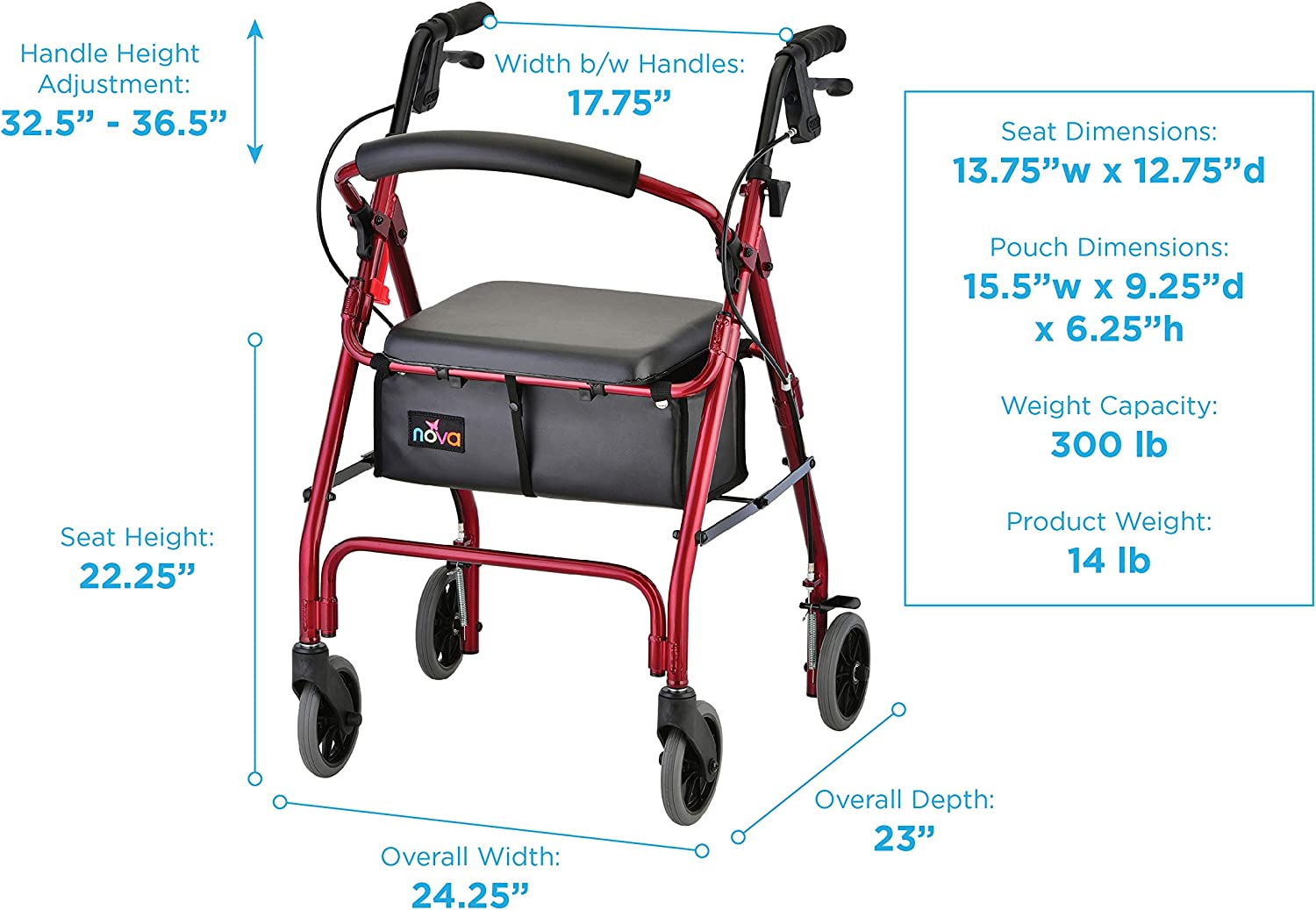 NOVA Medical Products GetGo Classic Rollator Walker, Rolling Walker for