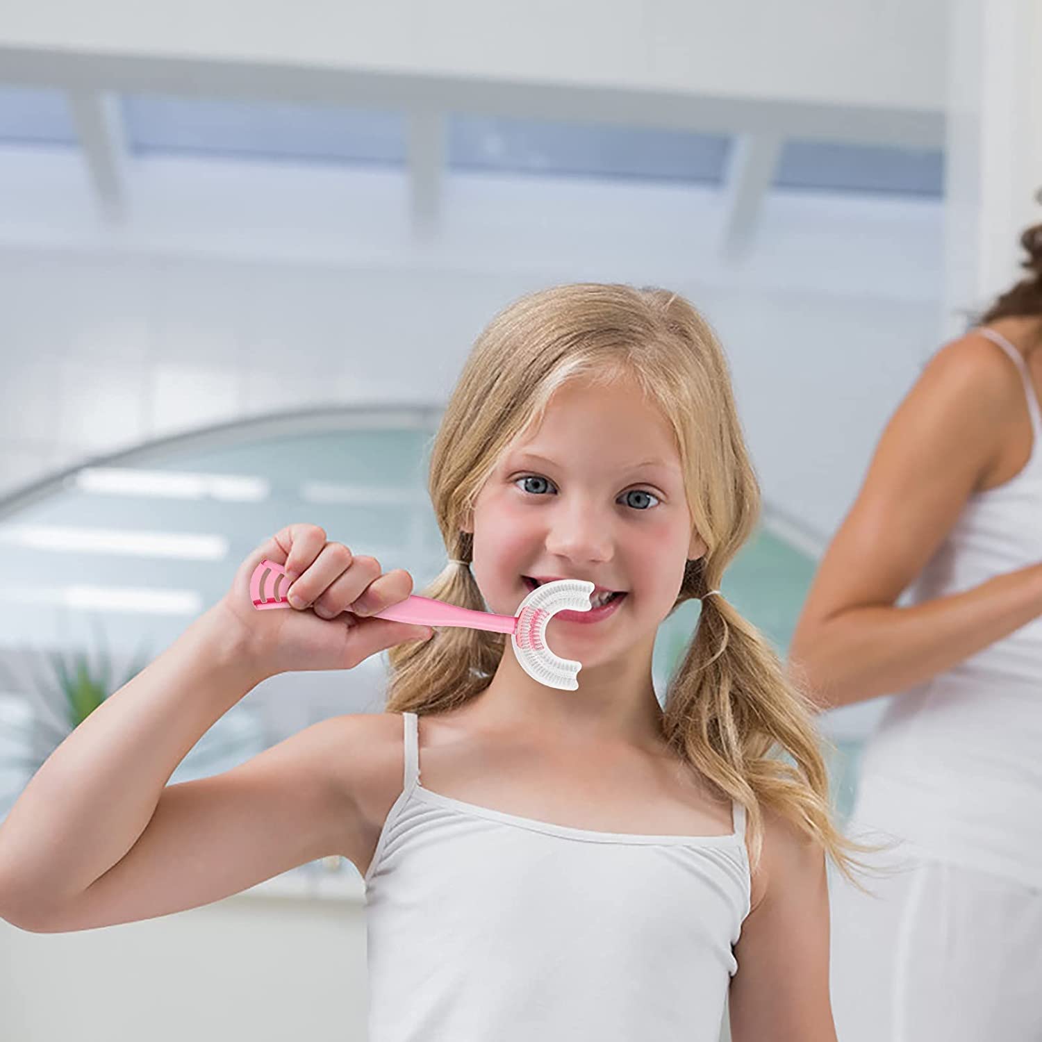 Baby Kids U Shaped Toothbrush with 360° Soft Silicone Brush Heads Cute Handle Teeth Whitening Massa