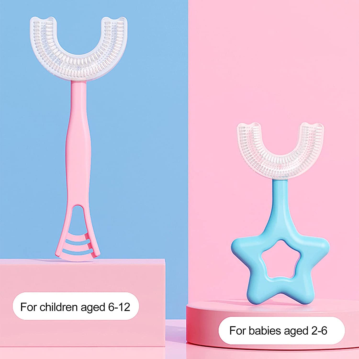Baby Kids U Shaped Toothbrush with 360° Soft Silicone Brush Heads Cute Handle Teeth Whitening Massa