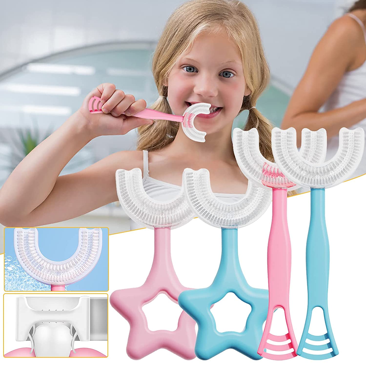 Baby Kids U Shaped Toothbrush with 360° Soft Silicone Brush Heads Cute Handle Teeth Whitening Massa
