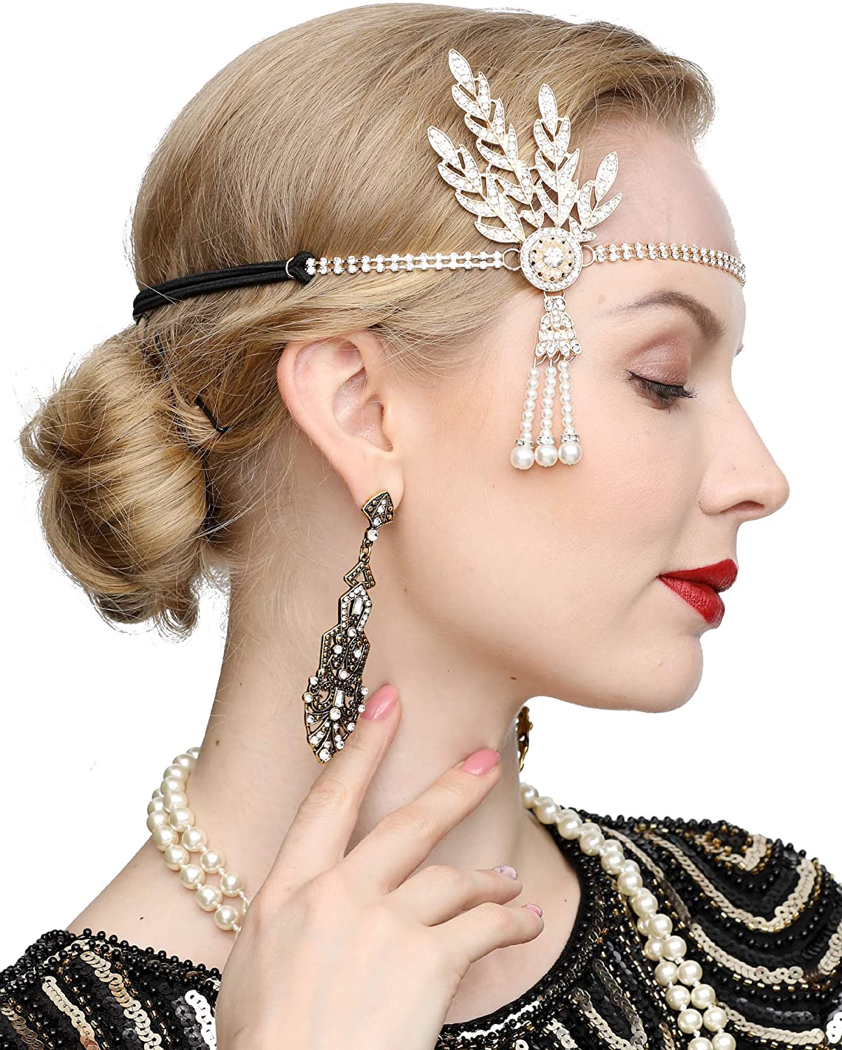 Art Deco 1920s Flapper Great Gatsby Leaf Wedding Bridal Tiara Pearl Headpiece Headband