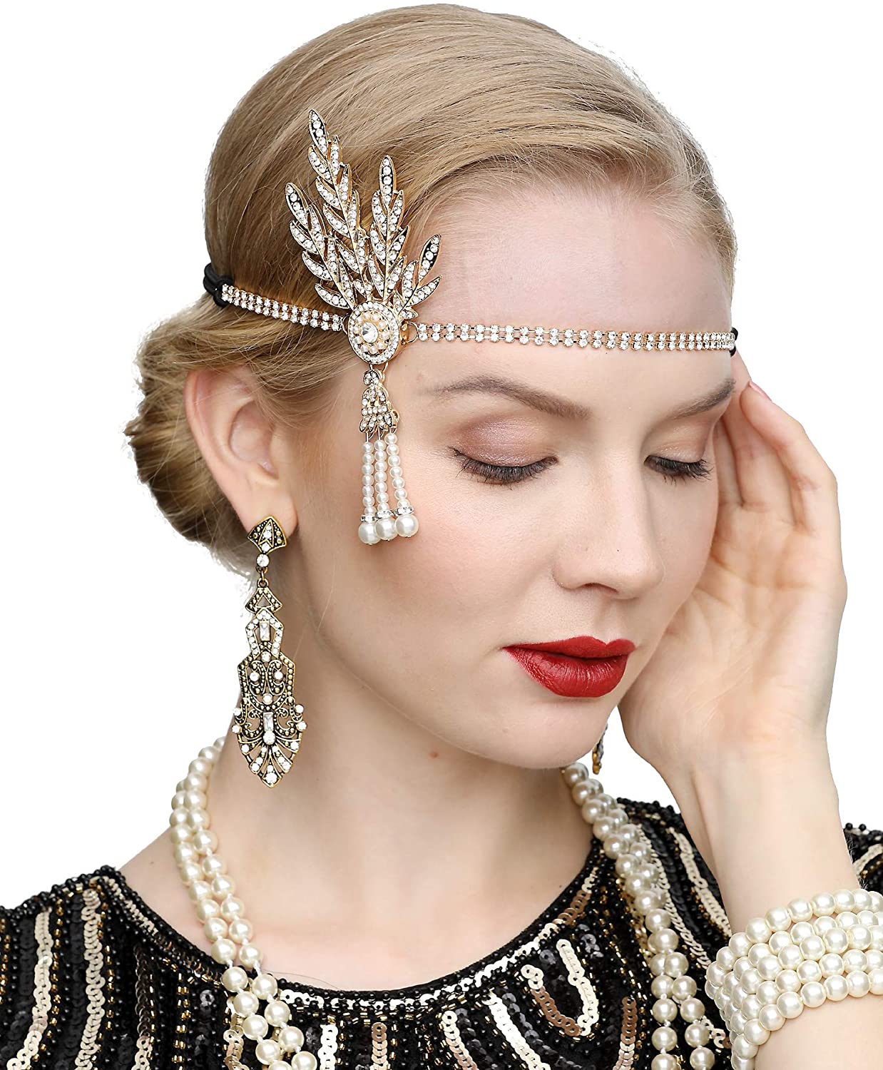Art Deco 1920s Flapper Great Gatsby Leaf Wedding Bridal Tiara Pearl Headpiece Headband