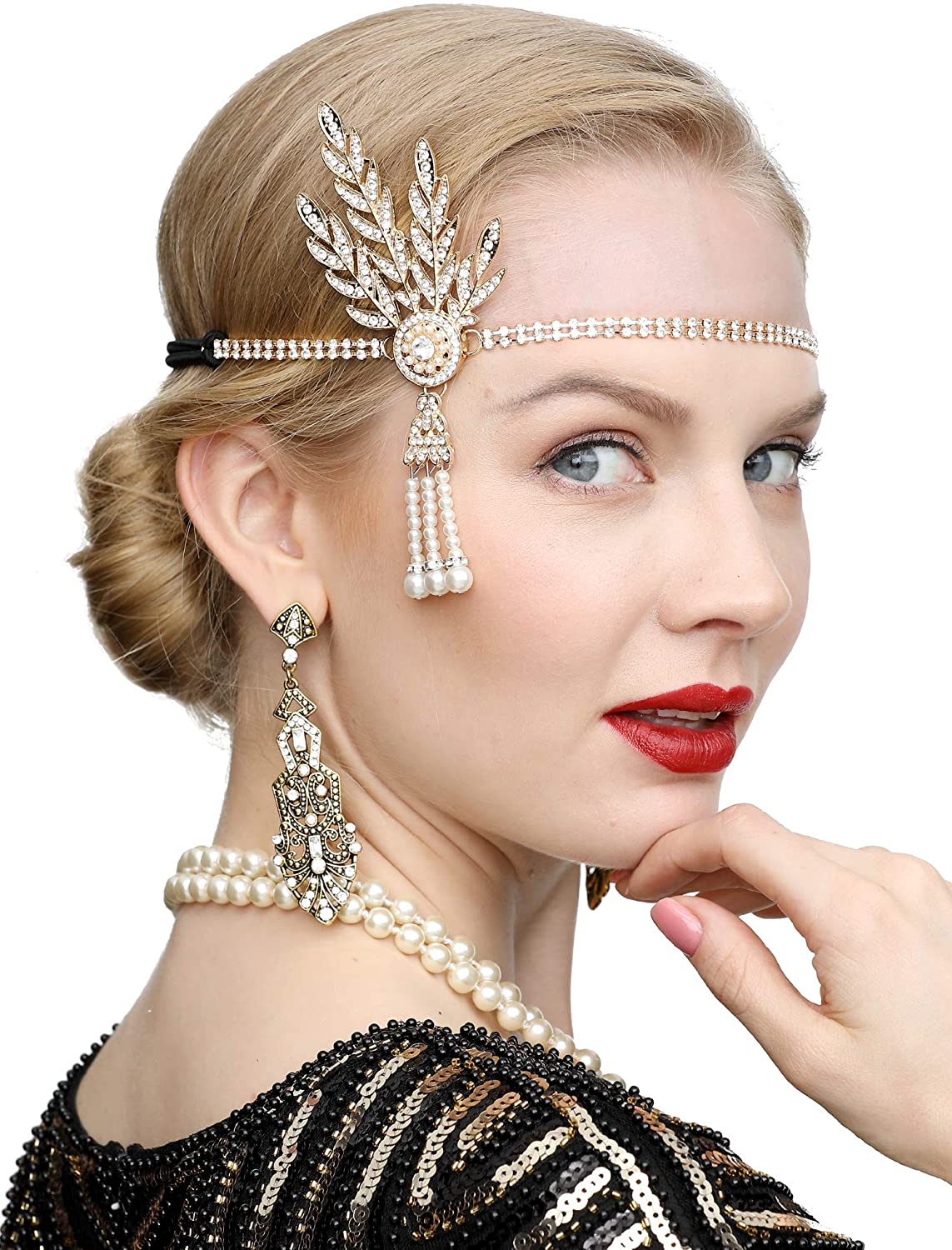 Art Deco 1920s Flapper Great Gatsby Leaf Wedding Bridal Tiara Pearl Headpiece Headband