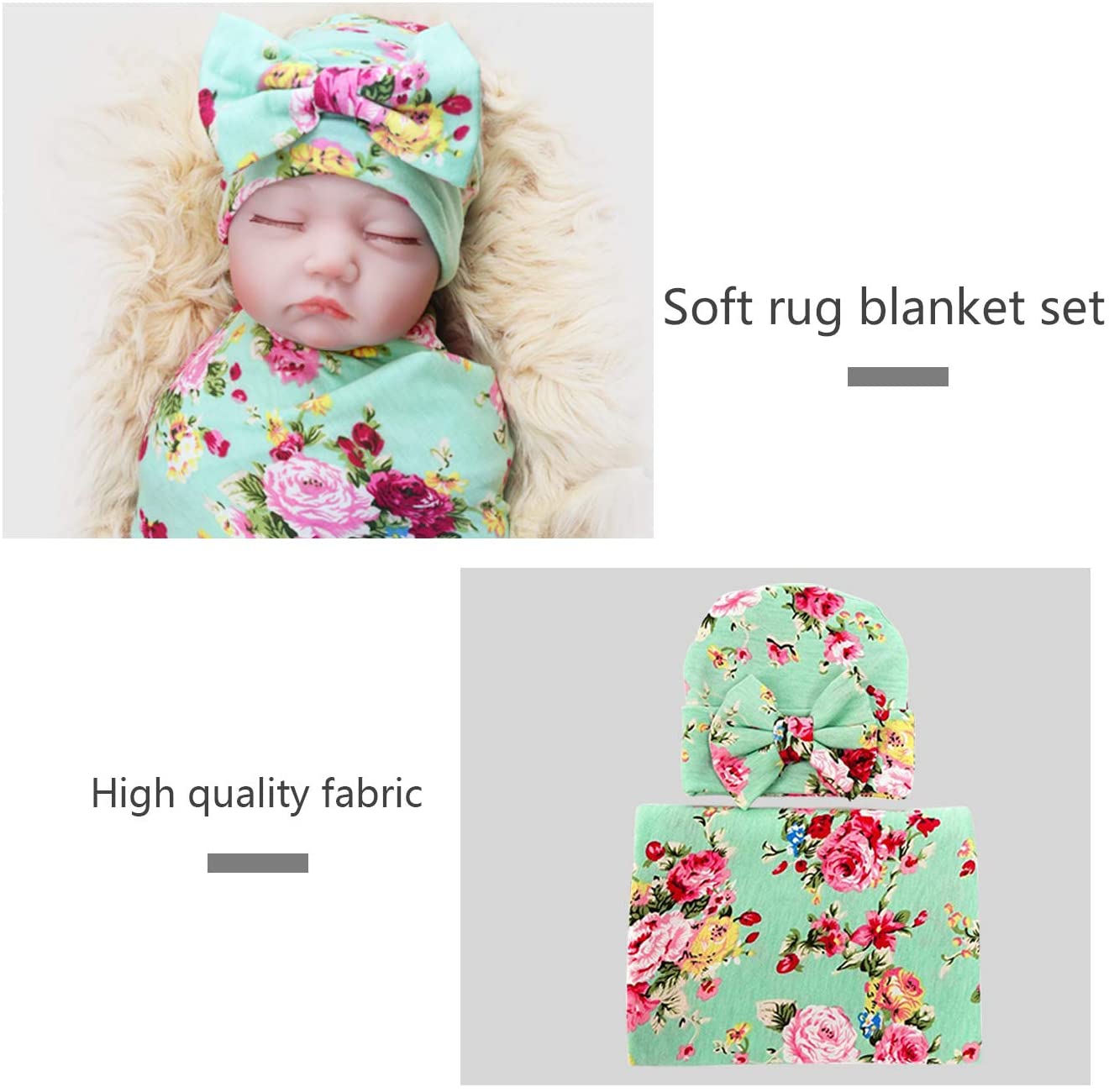 1 Pack BQUBO Newborn Floral Receiving Blankets Newborn Baby Swaddling with Headbands or Hats Sleepsa