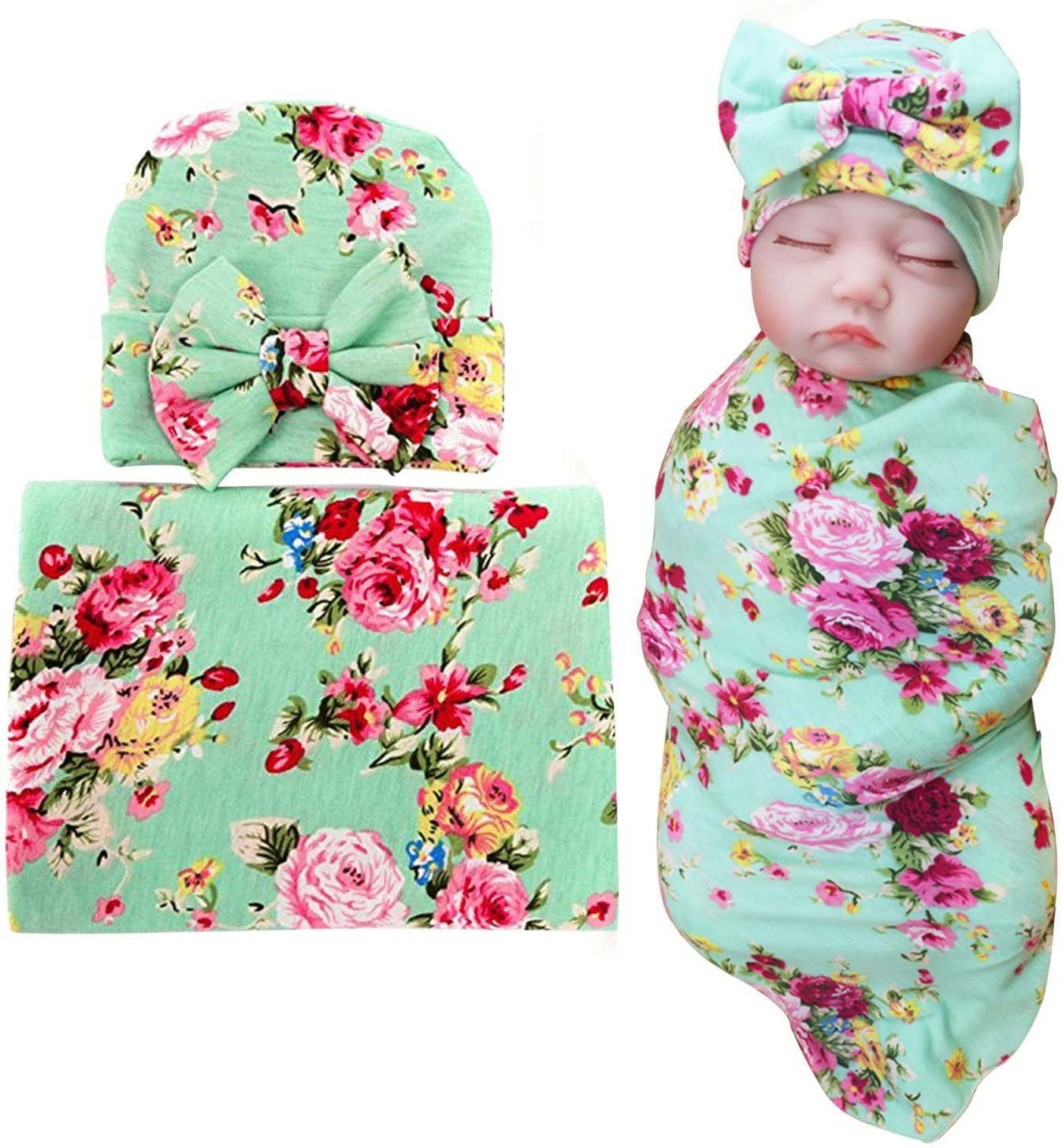 1 Pack BQUBO Newborn Floral Receiving Blankets Newborn Baby Swaddling with Headbands or Hats Sleepsa