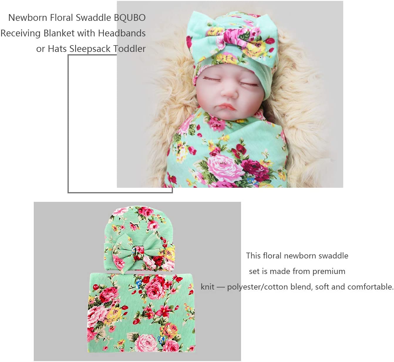1 Pack BQUBO Newborn Floral Receiving Blankets Newborn Baby Swaddling with Headbands or Hats Sleepsa