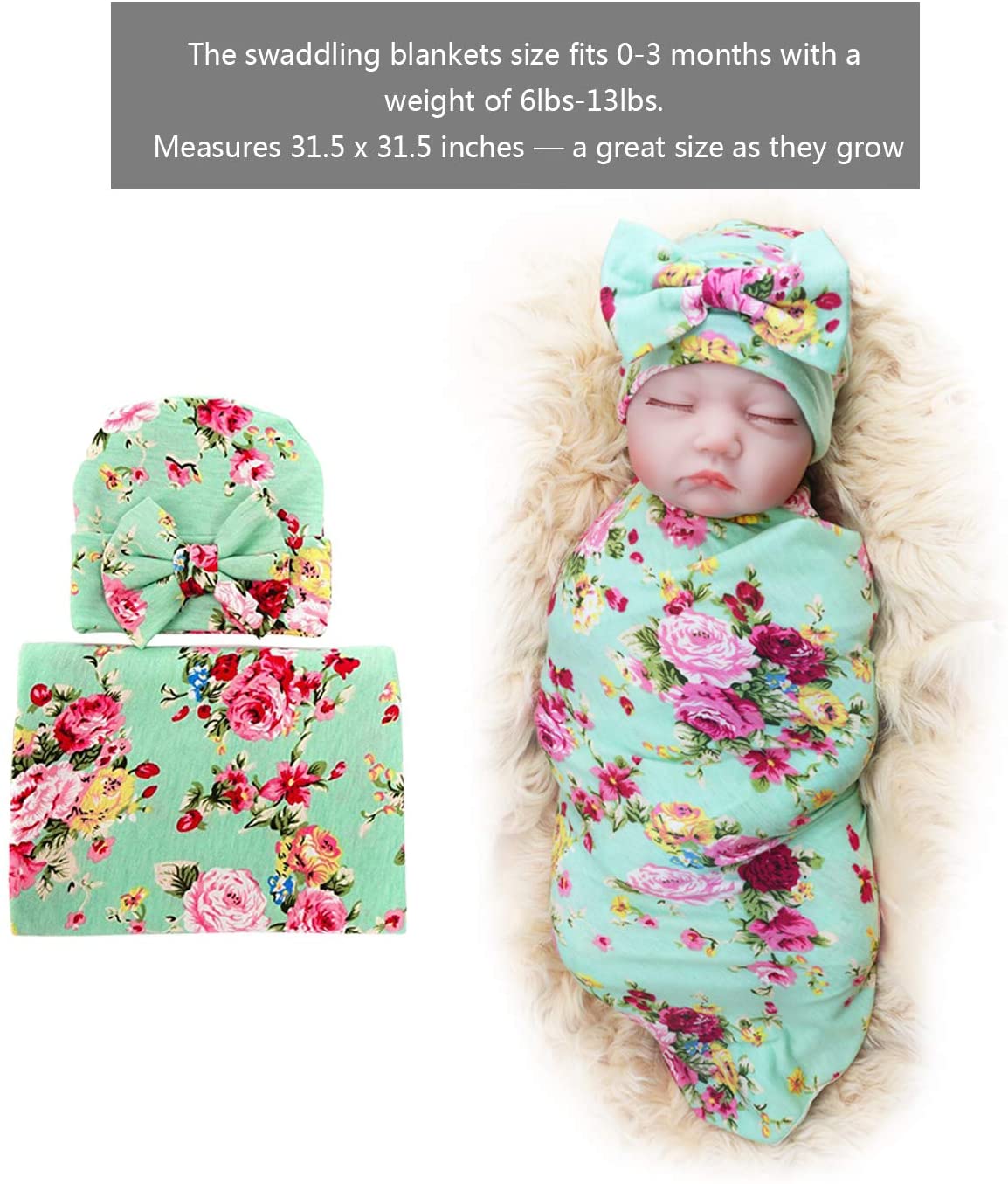 1 Pack BQUBO Newborn Floral Receiving Blankets Newborn Baby Swaddling with Headbands or Hats Sleepsa