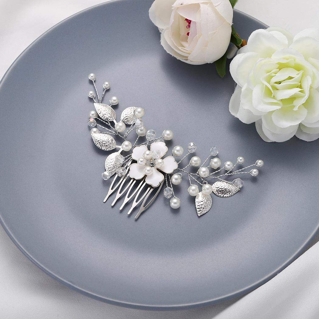 Catery Flower Wedding Hair Comb Leaf Side Combs Pearl Bride Hair Jewelry Headpieces Decorative Brida