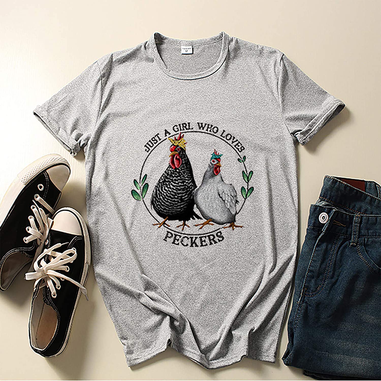 Dosoop Womens Just A Girl Who Loves Peckers Shirts Womens Funny Chicken Gift Crewneck T-Shirt Top Bl